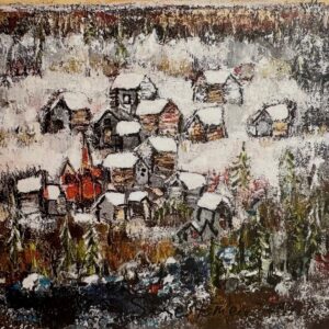 Joulukortti A6: Vanha kylä ottaa talven vastaan