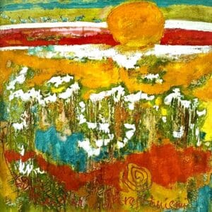 Taidepostikortti (neliö): Keltainen jänkä, porot taivaalla