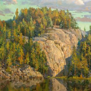 Taidepostikortti (neliö): Kallionposki syysauringossa