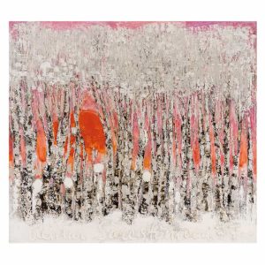 Taidepostikortti (neliö): Auringonlasku huurteisessa koivumetsässä