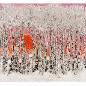 Taidepostikortti (neliö&taitettu): Auringonlasku huurteisessa koivumetsässä